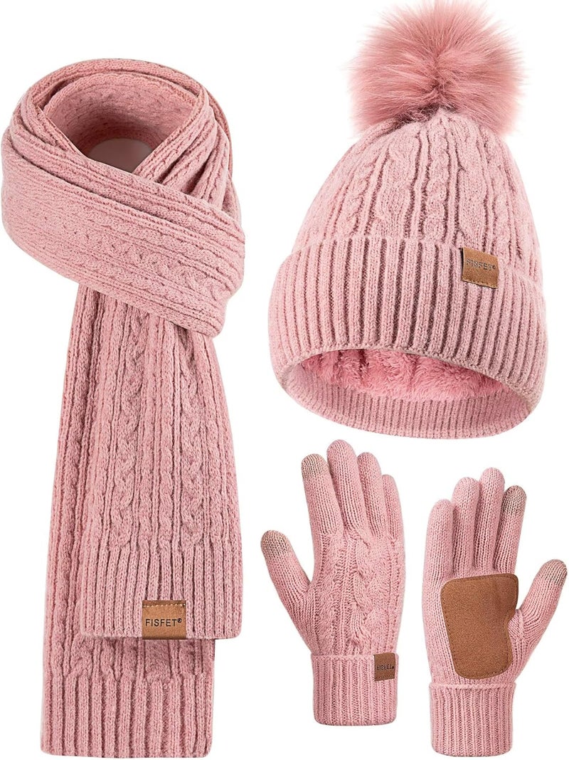 FISFET Winter Beanie Hat Scarf Gloves Set for Women, Pom Pom Beanie Fleece Lined Knit Neck Warmer Touchscreen Gloves 3 in 1 Gift Set - Image 1